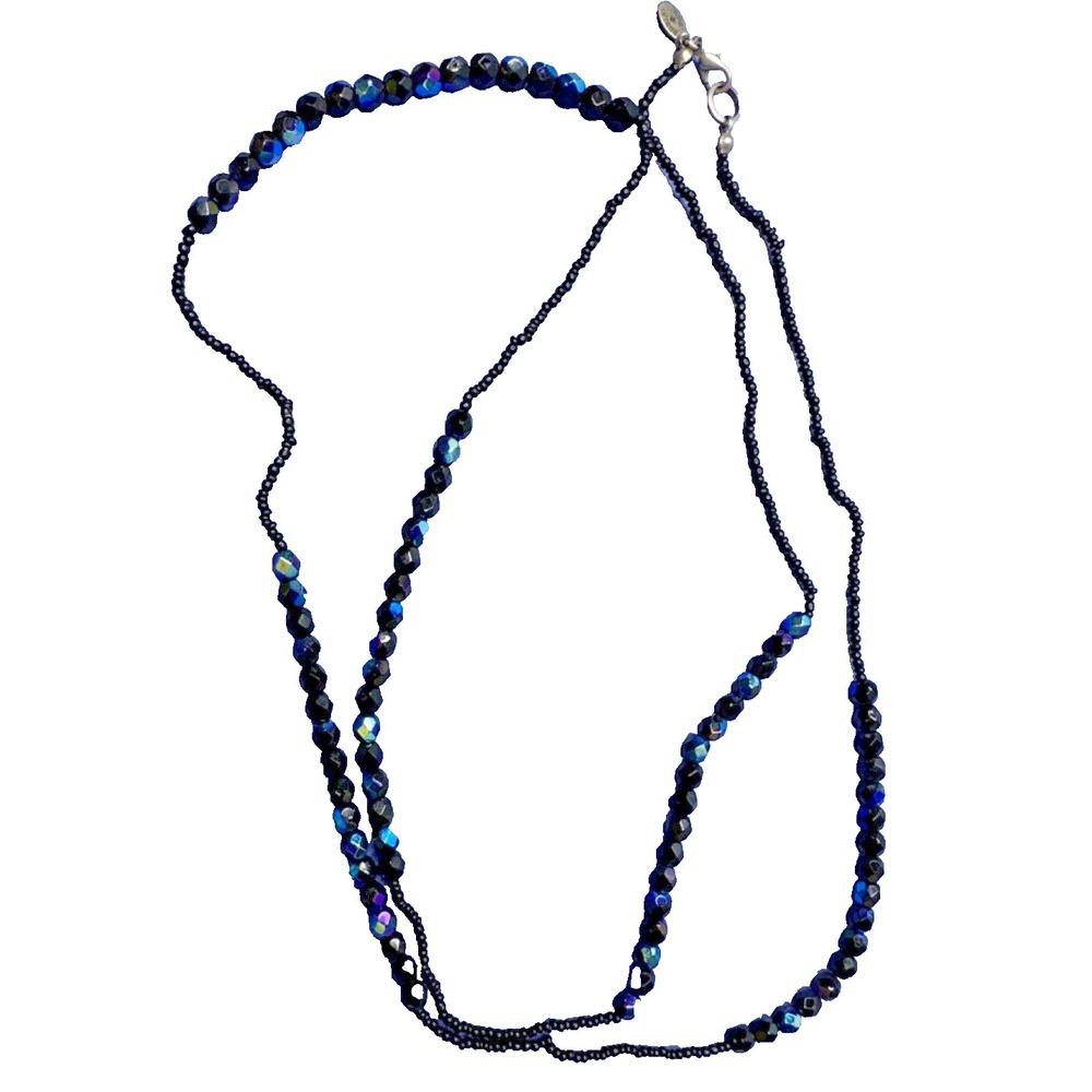 Robert Rose Necklace Beaded AB Blue Black Glass Faceted Seed Bead Stunning 21"